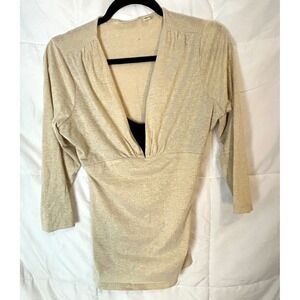 JOHNPAULRICHARD Womens Gold Metallic V Neck Wrap Top Size M